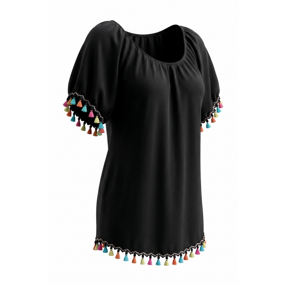 WM‎ Black Tassel Trim Tunic Top Short Sleeve Boho Beach Cover Up AK67-0218